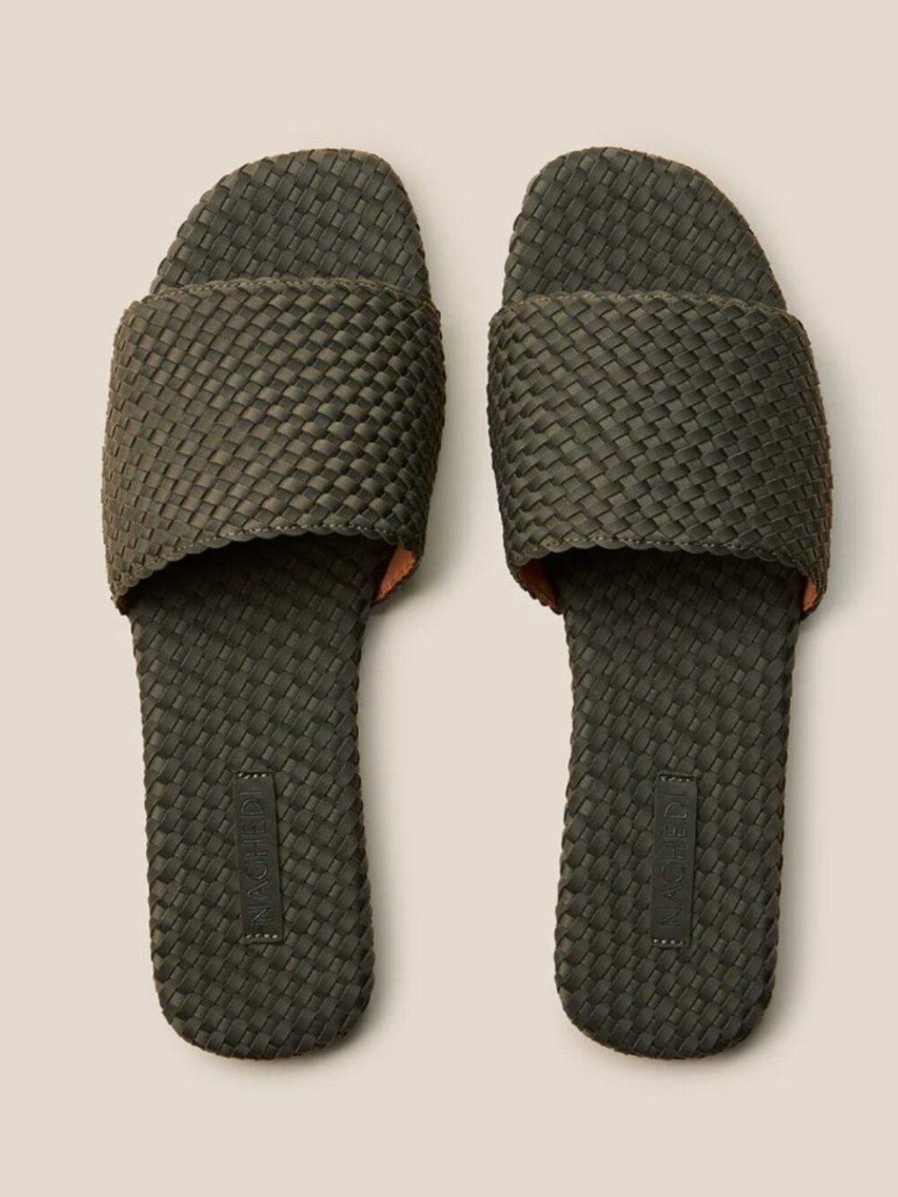 Naghedi "St Barths" Flat Woven Sandals in Olive, size 40